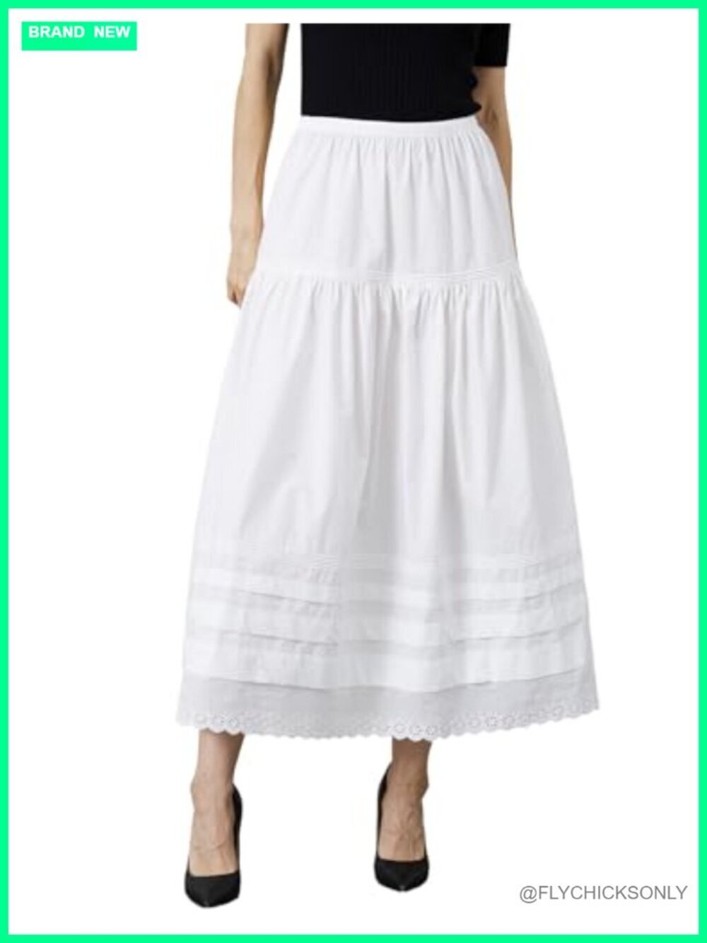 100% Cotton Maxi Skirt Elastic Waist A-Line Flowy Lace Eyelet Tiered